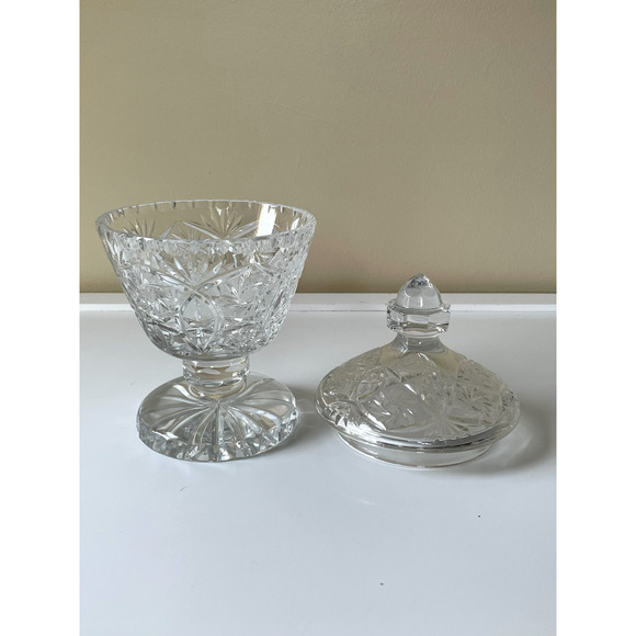 MCM Etched Lead Crystal Footed Pedestal Bowl with Lid 10.5 Inches Tall - Picture 3 of 5